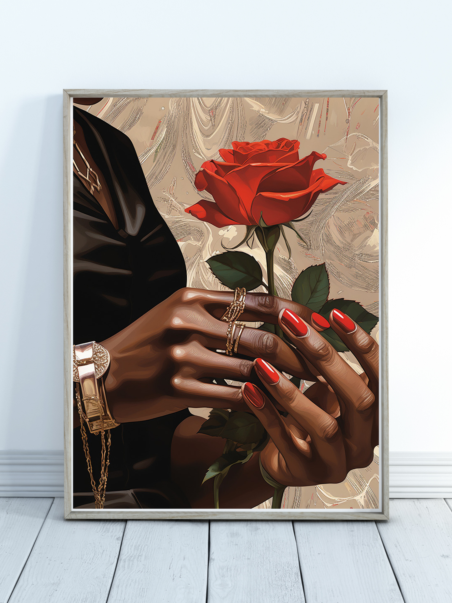 Rolled Poster — Elegant Black Hands Holding Red Rose Art Print