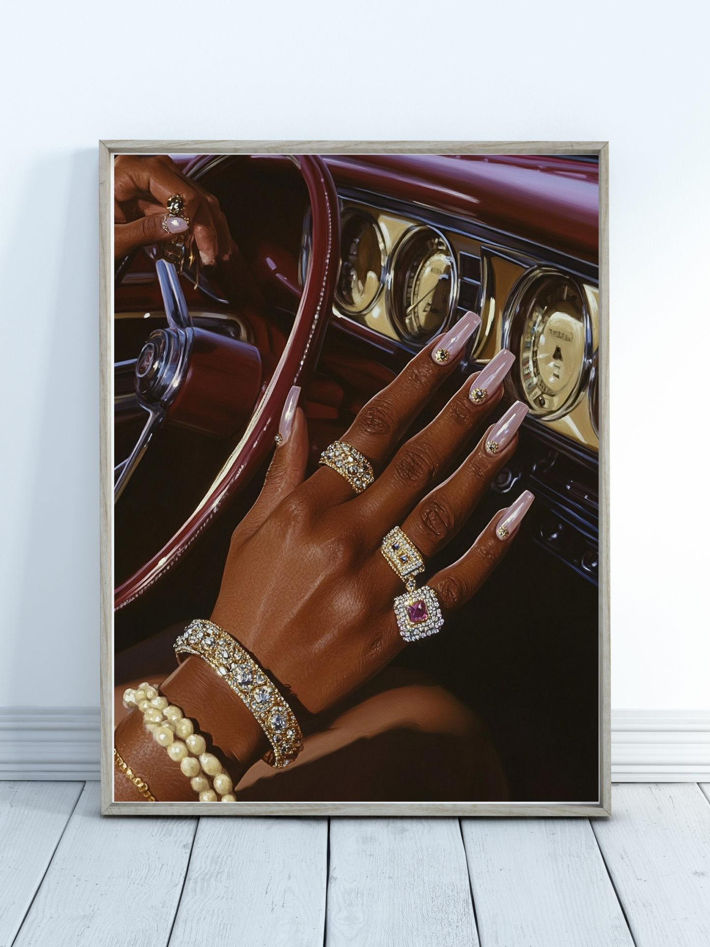 Rolled Poster — Glam Steering Wheel Art Print (Luxury Jewelry Nails Car Interior)
