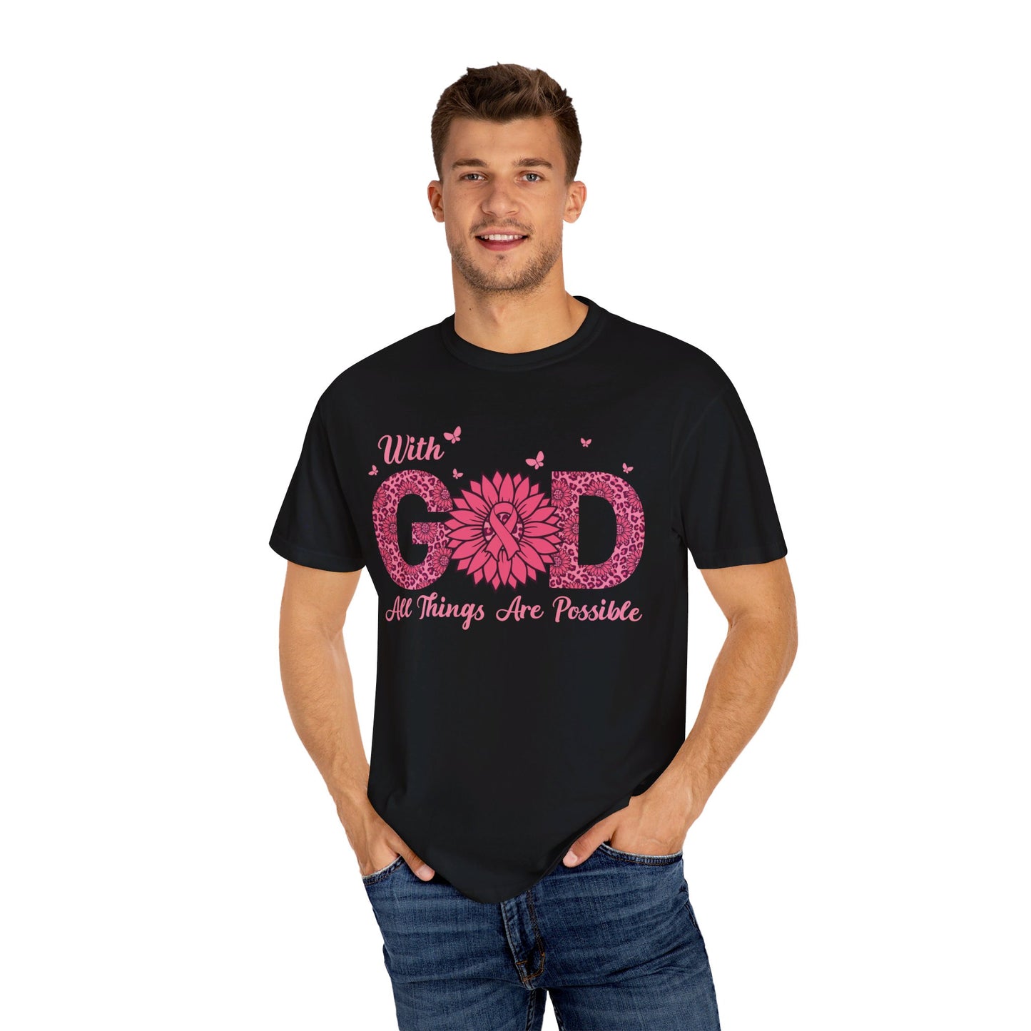 "💪✨ With God, All Things Are Possible: Unisex Garment-Dyed Tee That Fuels the Fight Against Cancer! 🎗️🙏👕"