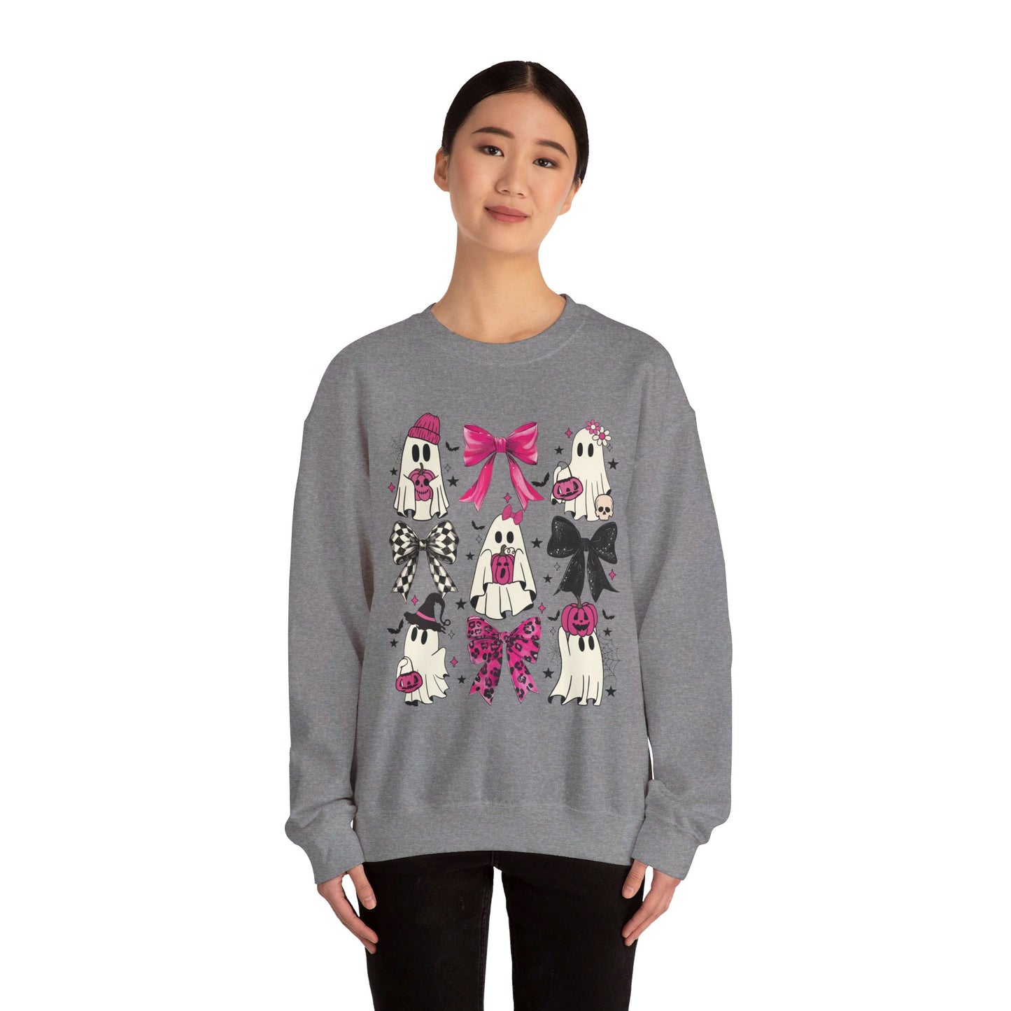 👻💖 Flirting with Ghostly Cuteness in My Pink Sweater! #CoquetteGhost #HalloweenFashion Unisex Heavy Blend™ Crewneck Sweatshirt