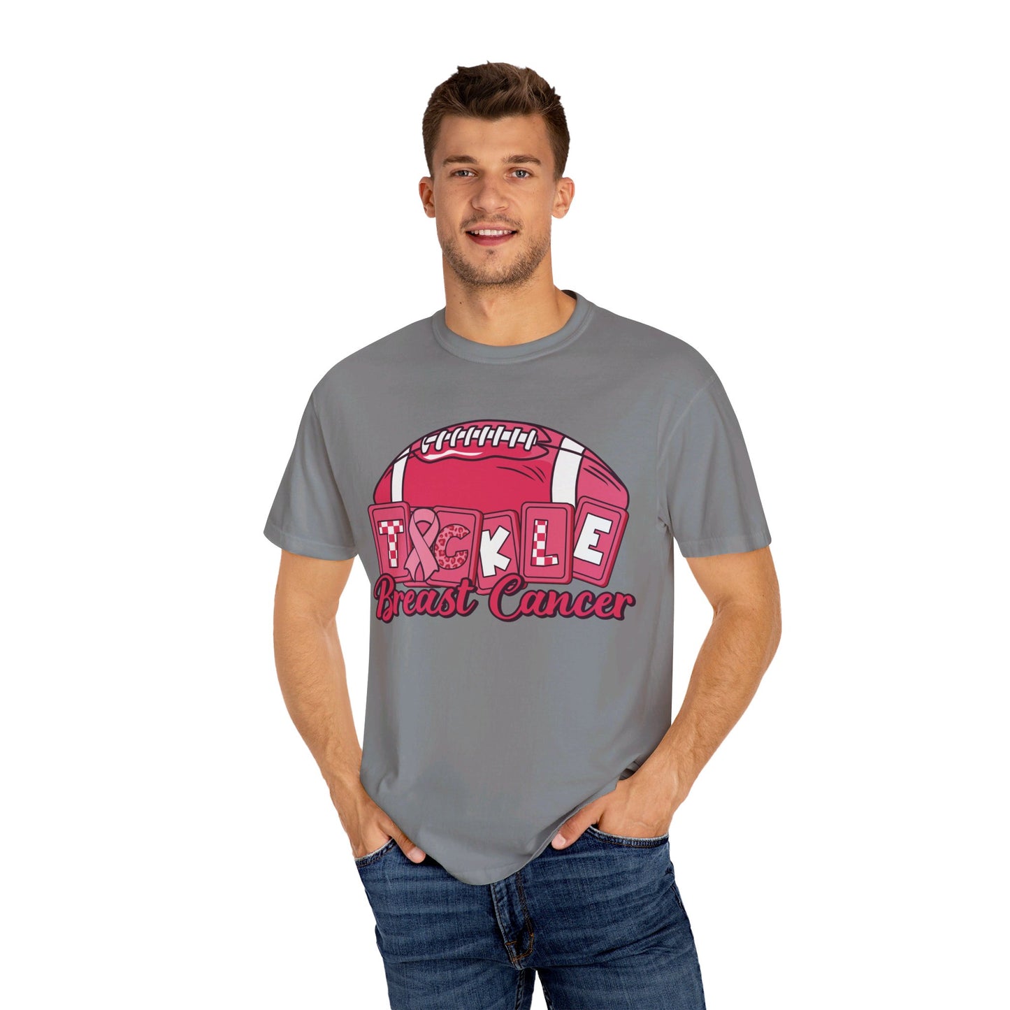 "🎀💥 Tackle Breast Cancer in Style: Unisex Garment-Dyed Tee with a Powerful Pink Ribbon! 🌟👕 #FightCancer"