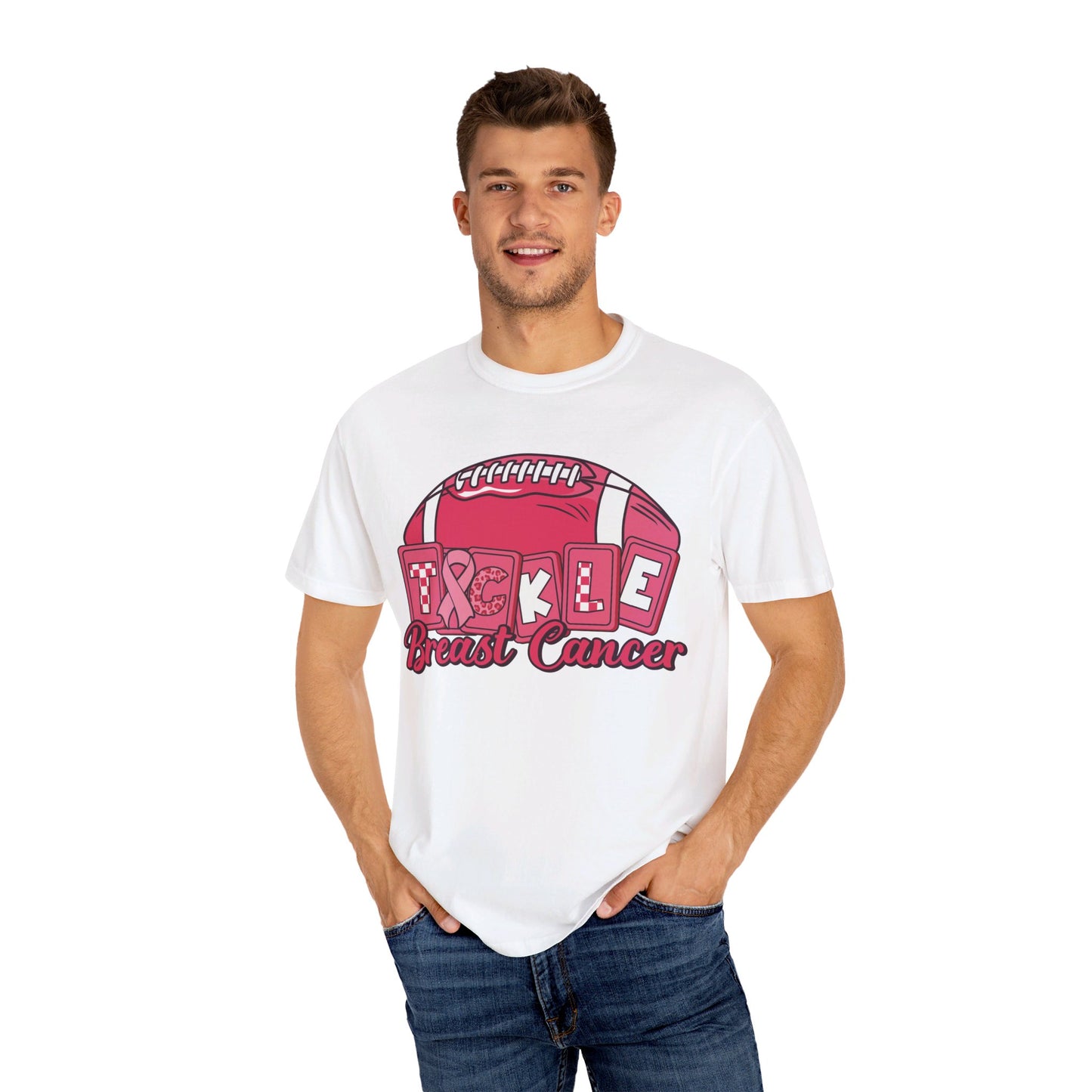 "🎀💥 Tackle Breast Cancer in Style: Unisex Garment-Dyed Tee with a Powerful Pink Ribbon! 🌟👕 #FightCancer"