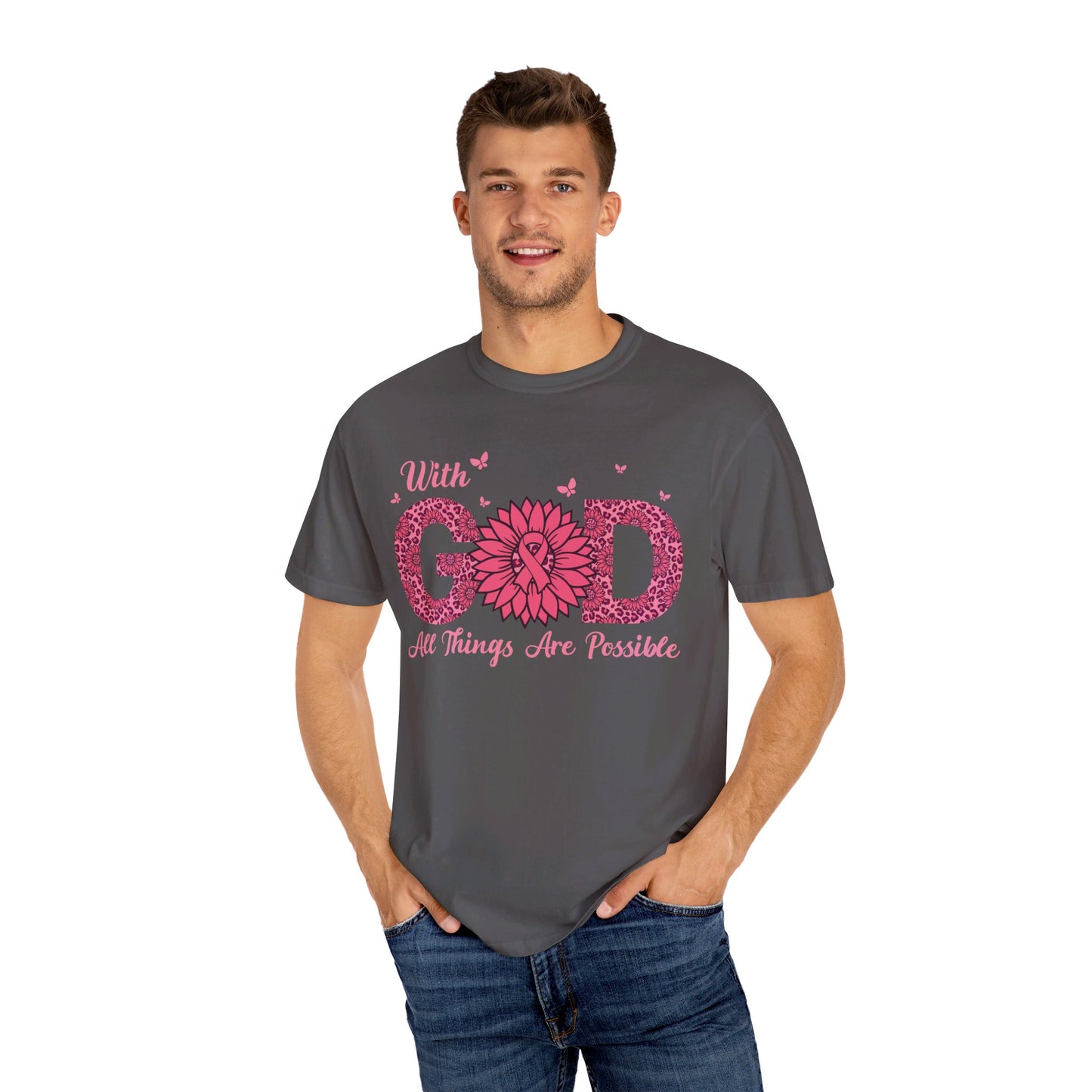 "💪✨ With God, All Things Are Possible: Unisex Garment-Dyed Tee That Fuels the Fight Against Cancer! 🎗️🙏👕"