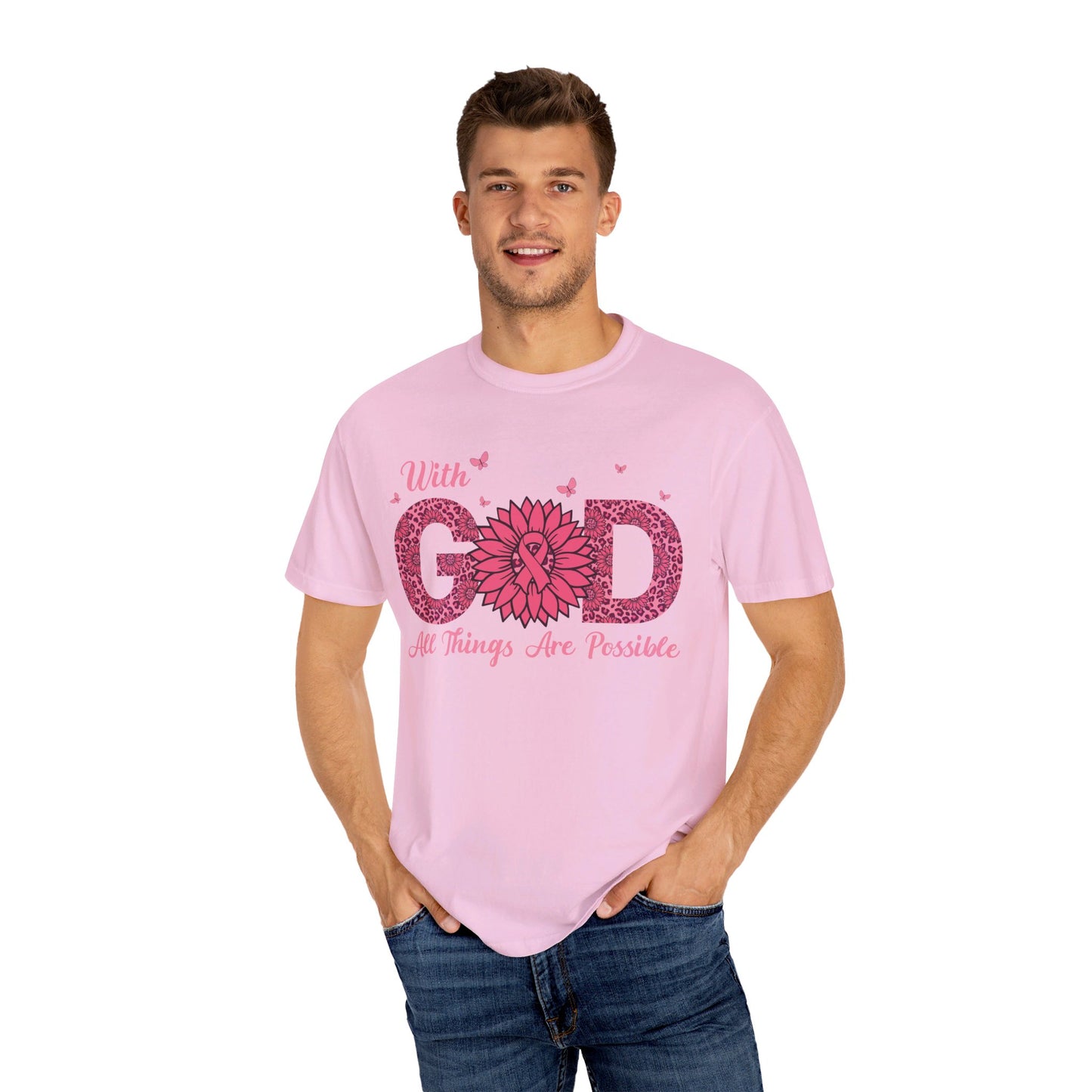 "💪✨ With God, All Things Are Possible: Unisex Garment-Dyed Tee That Fuels the Fight Against Cancer! 🎗️🙏👕"