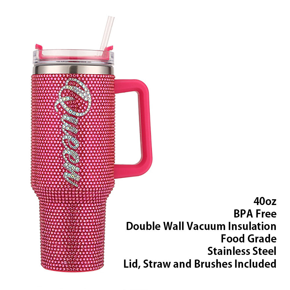 "Bling Queen Elegance: Sparkle Your Sips with the Studded 40oz Stainless Steel Tumbler Featuring a Chic Handle"