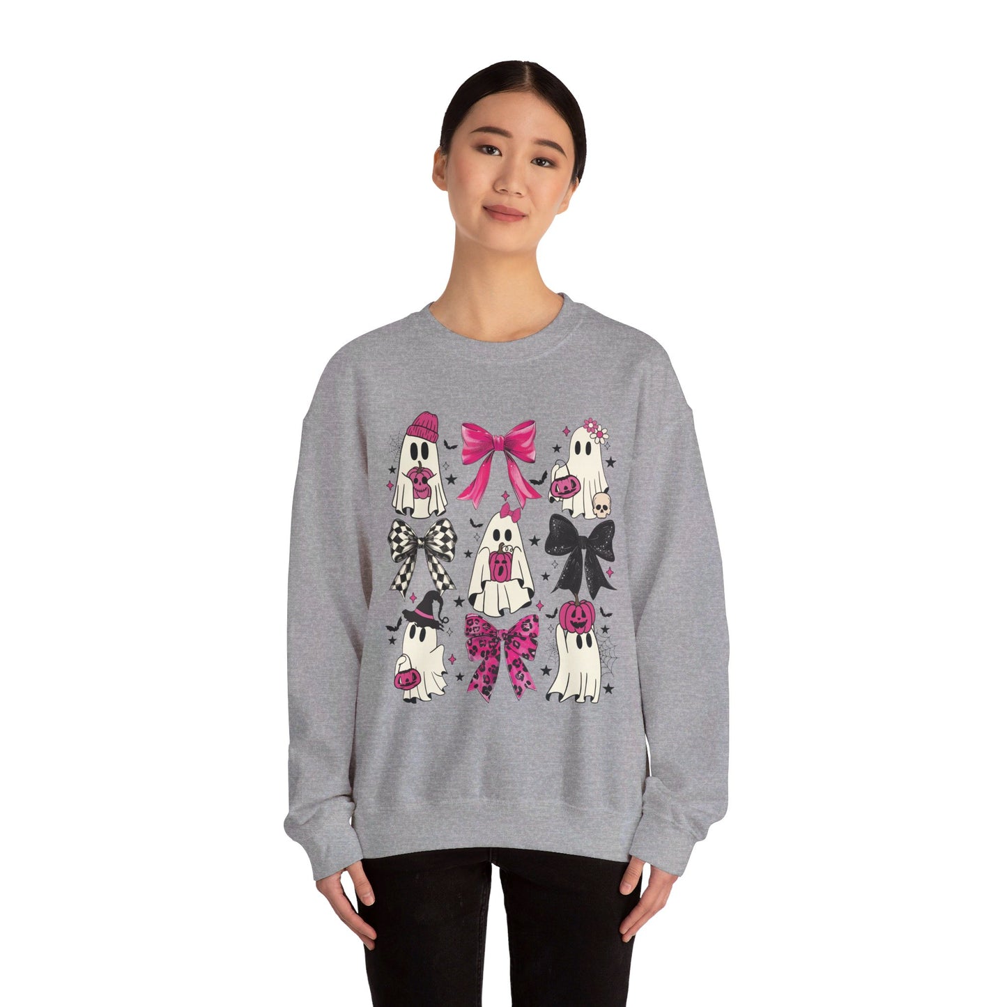 👻💖 Flirting with Ghostly Cuteness in My Pink Sweater! #CoquetteGhost #HalloweenFashion Unisex Heavy Blend™ Crewneck Sweatshirt