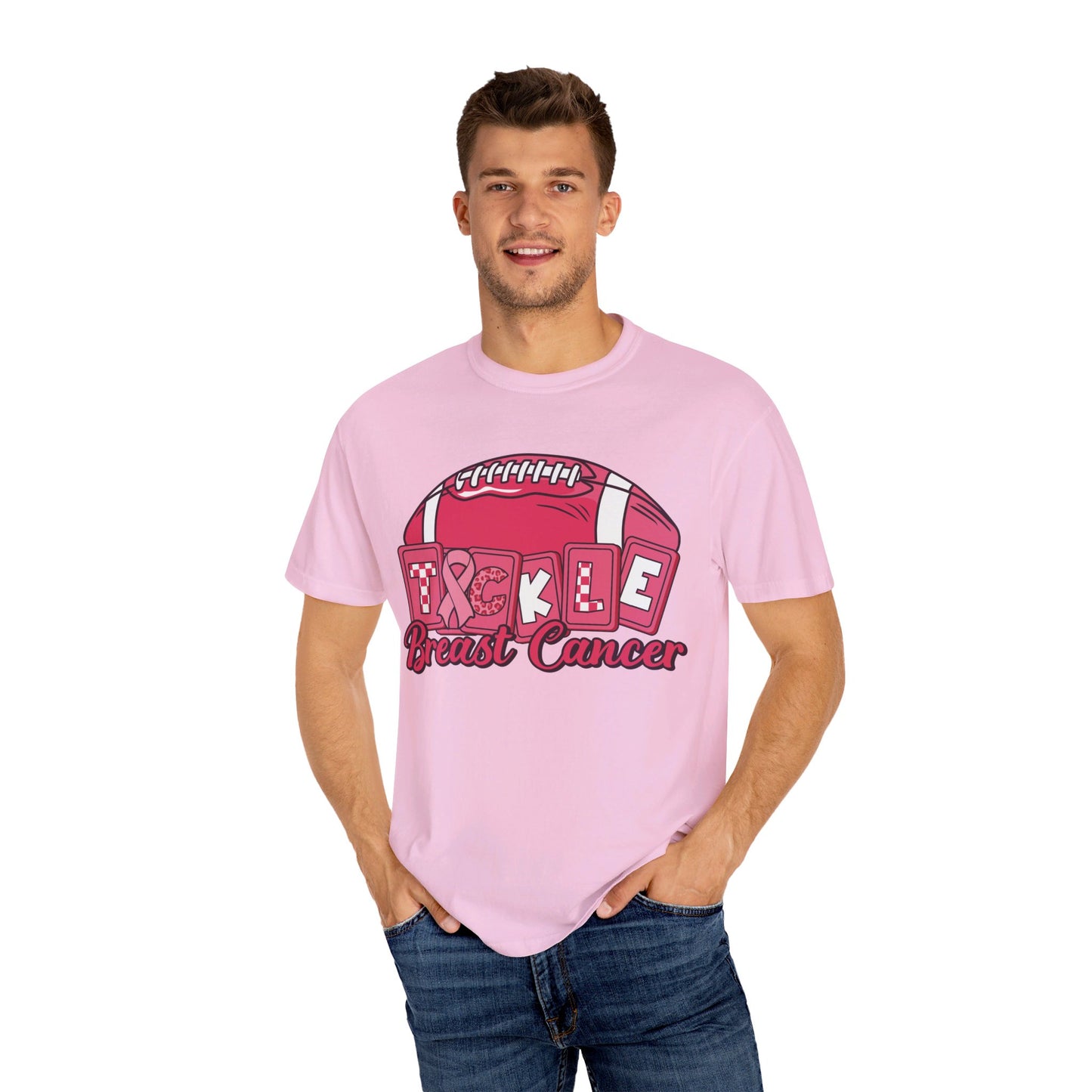 "🎀💥 Tackle Breast Cancer in Style: Unisex Garment-Dyed Tee with a Powerful Pink Ribbon! 🌟👕 #FightCancer"