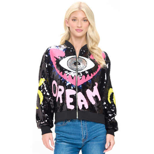 Dreams Screams Letter Multicolor Eye Sequin Zip Up Bomber Jacket