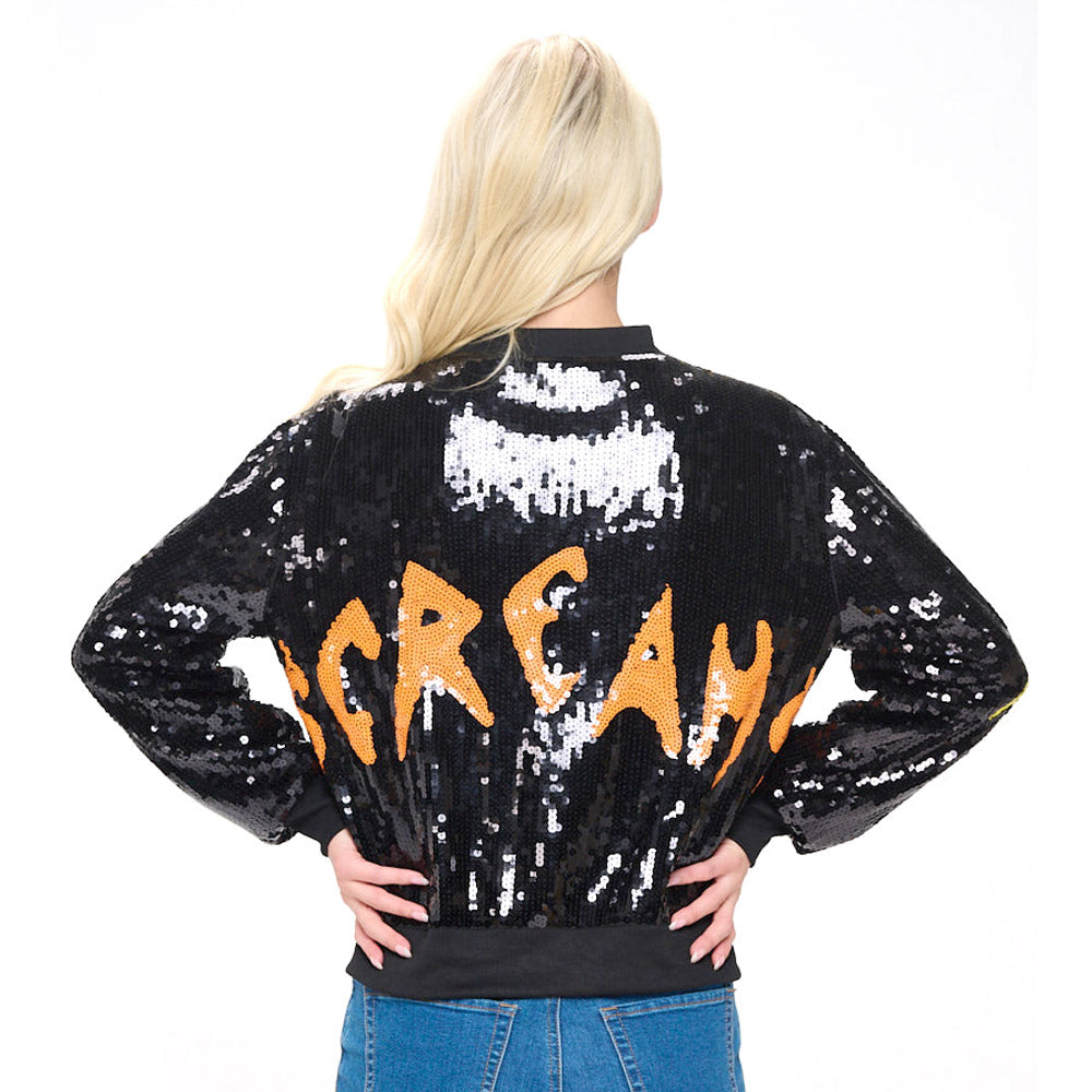 Dreams Screams Letter Multicolor Eye Sequin Zip Up Bomber Jacket