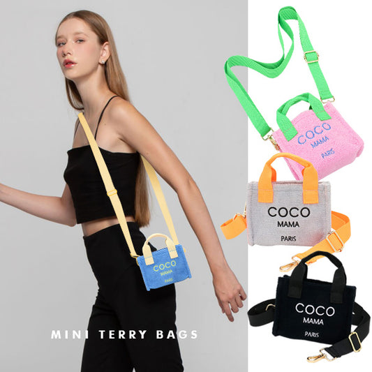 COCO MAMA Message Pointed Terry Cloth Mini Tote Bag / Crossbody Bag